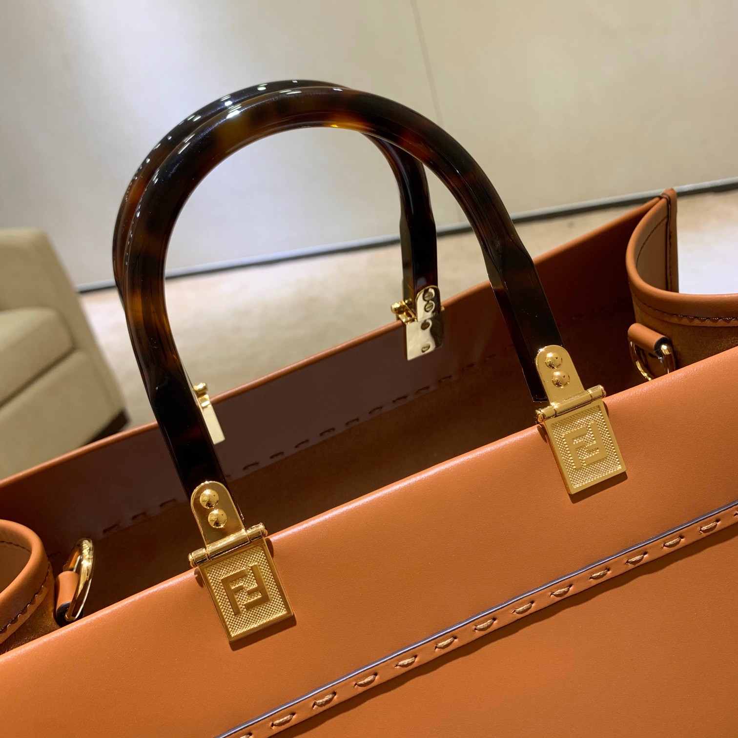 Fendi Large Sunshine Shopper Brown Leather Bag 